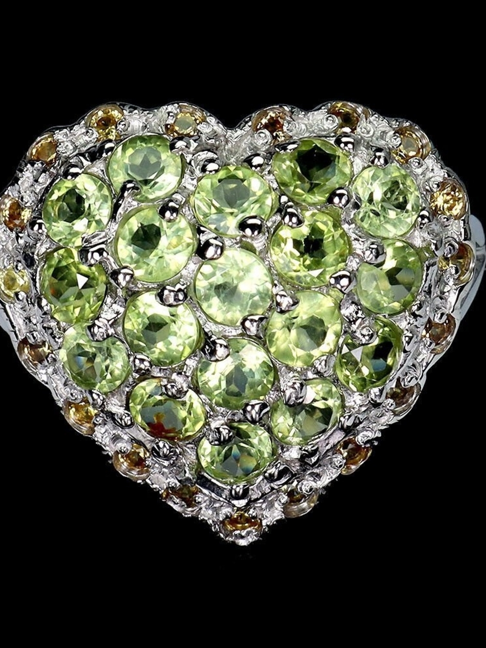 Heart Cluster Peridot Ring 14kt White Gold Plated Silver Band Size: 9